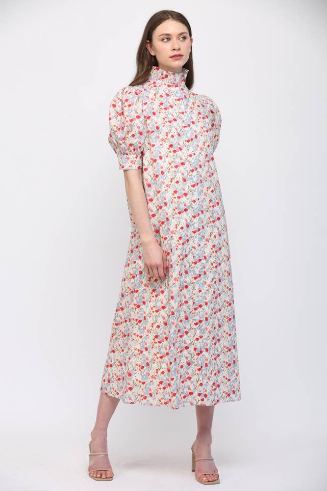 FATE - FLORAL HIGH RUFFLED COLLAR  PUFF SLV BUTTON DRESS FD30590: CREAM/ LAVENDER / M