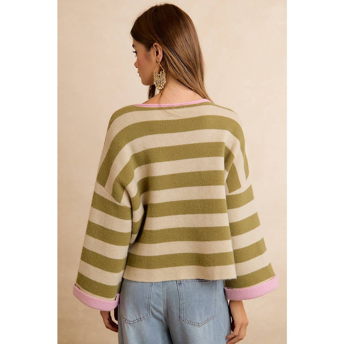 BiBi - STRIPE CONTRAST BINDING AND REVERSIBLE SWEATER: MOCHA/BLUE GREY / M
