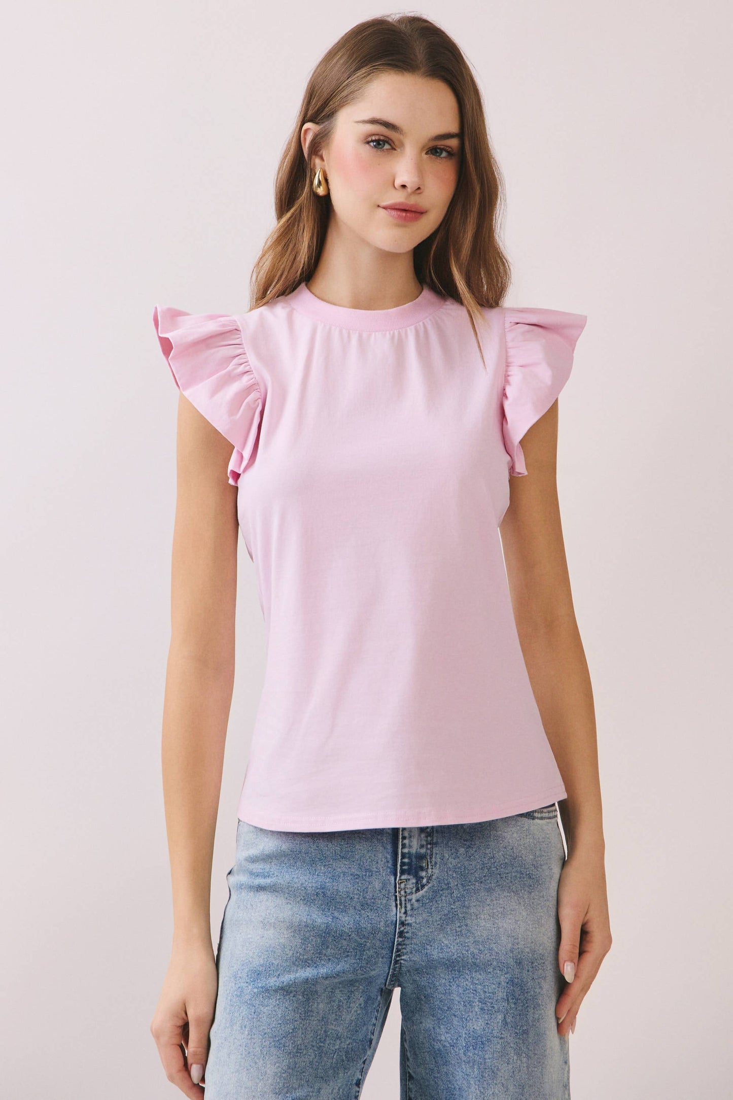 TCEC - CT8763-Ruffled Flutter Sleeves Round Neck Sleeveless Top: Red / S