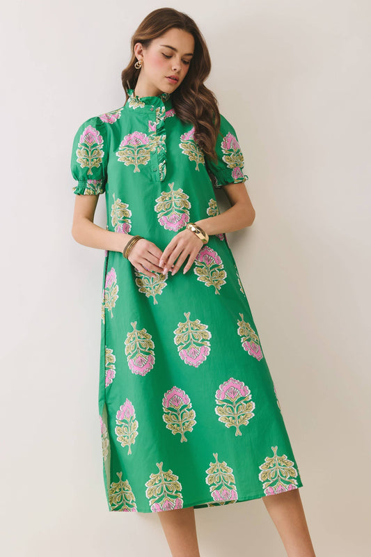 TCEC - CD06970-Floral Print Ruffle Collar Button Down Midi Dress: Green / M