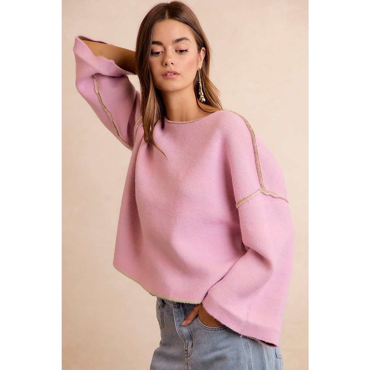 BiBi - STRIPE CONTRAST BINDING AND REVERSIBLE SWEATER: MOCHA/BLUE GREY / M