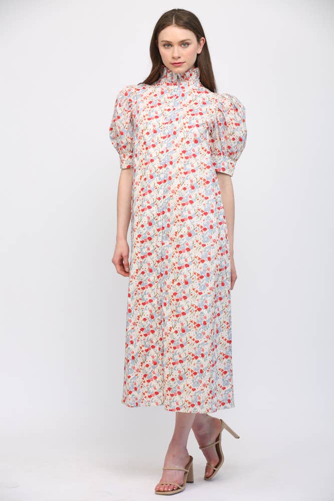 FATE - FLORAL HIGH RUFFLED COLLAR  PUFF SLV BUTTON DRESS FD30590: CREAM/ LAVENDER / M