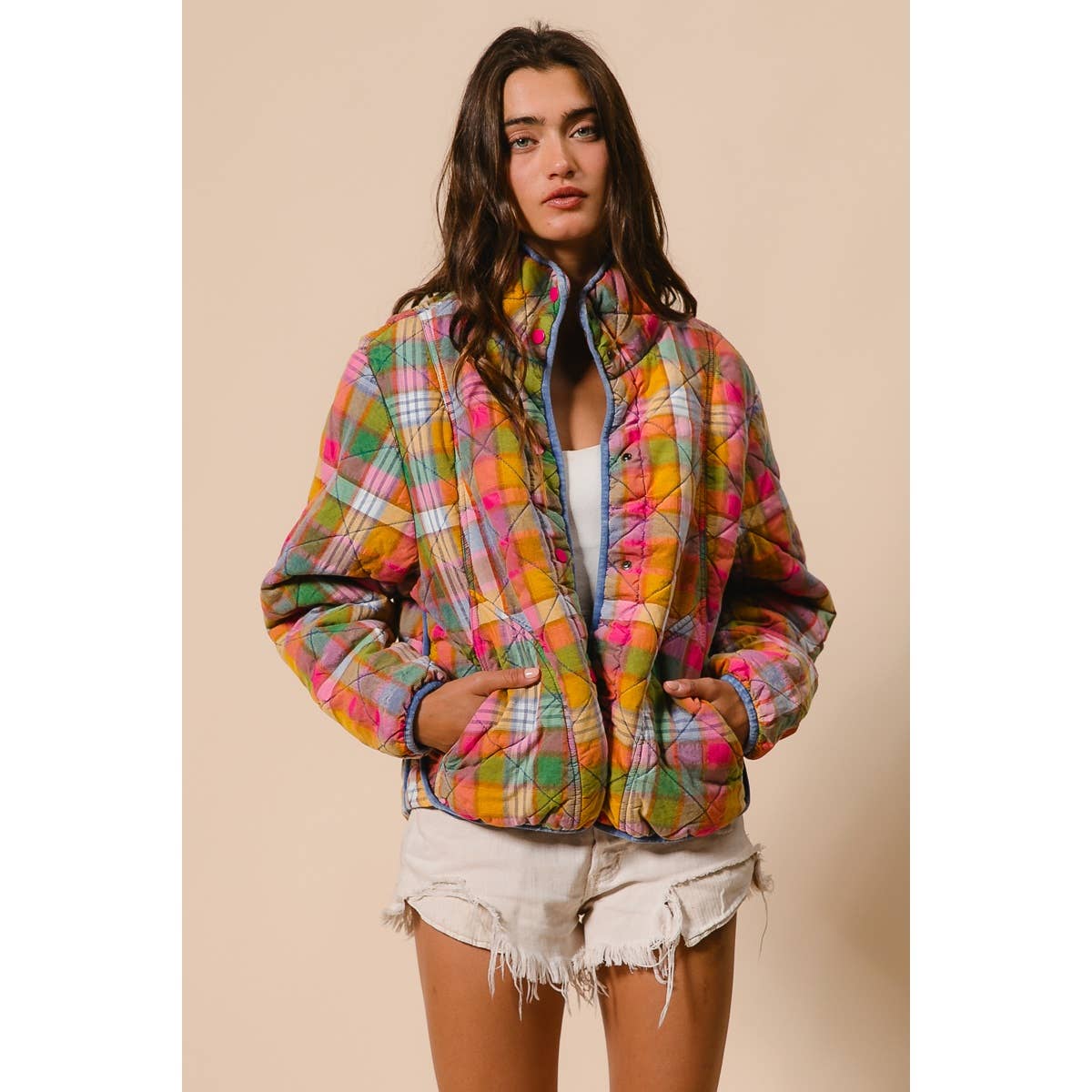 BiBi - BLEACHED VINTAGE PLAID QUILTED JACKET WITH POCKETS: STAINED GLASS / M