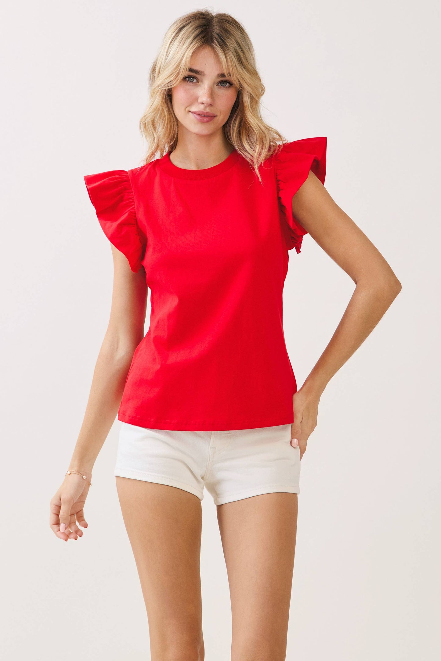 TCEC - CT8763-Ruffled Flutter Sleeves Round Neck Sleeveless Top: Red / S