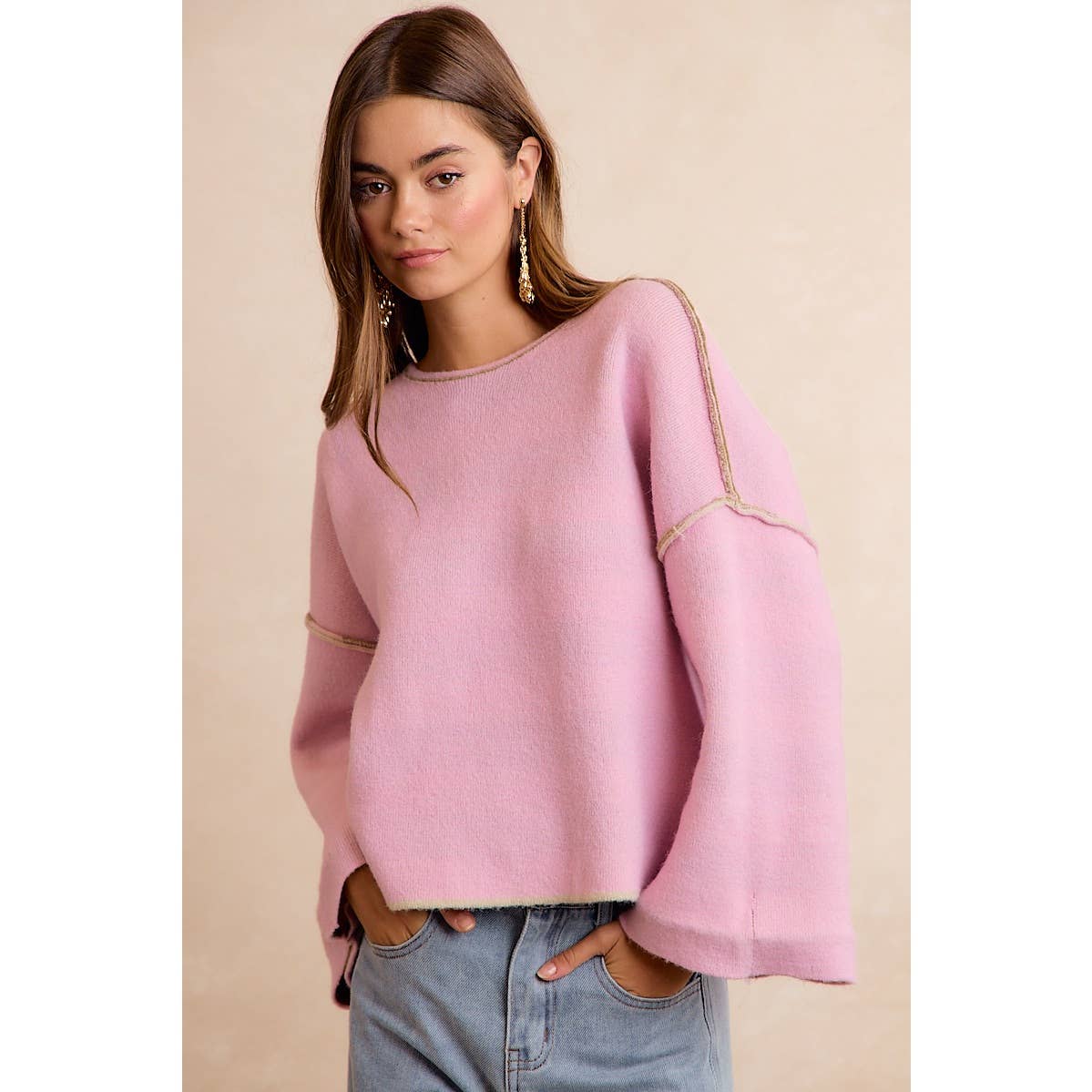 BiBi - STRIPE CONTRAST BINDING AND REVERSIBLE SWEATER: MOCHA/BLUE GREY / M