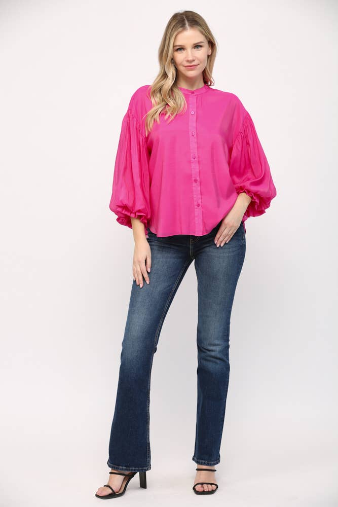 FATE - PUFF SLEEVE BUTTON DOWN SHIRT FT1585: FUCHSIA / M