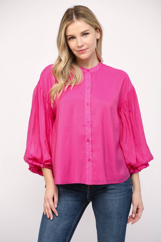 FATE - PUFF SLEEVE BUTTON DOWN SHIRT FT1585: FUCHSIA / M