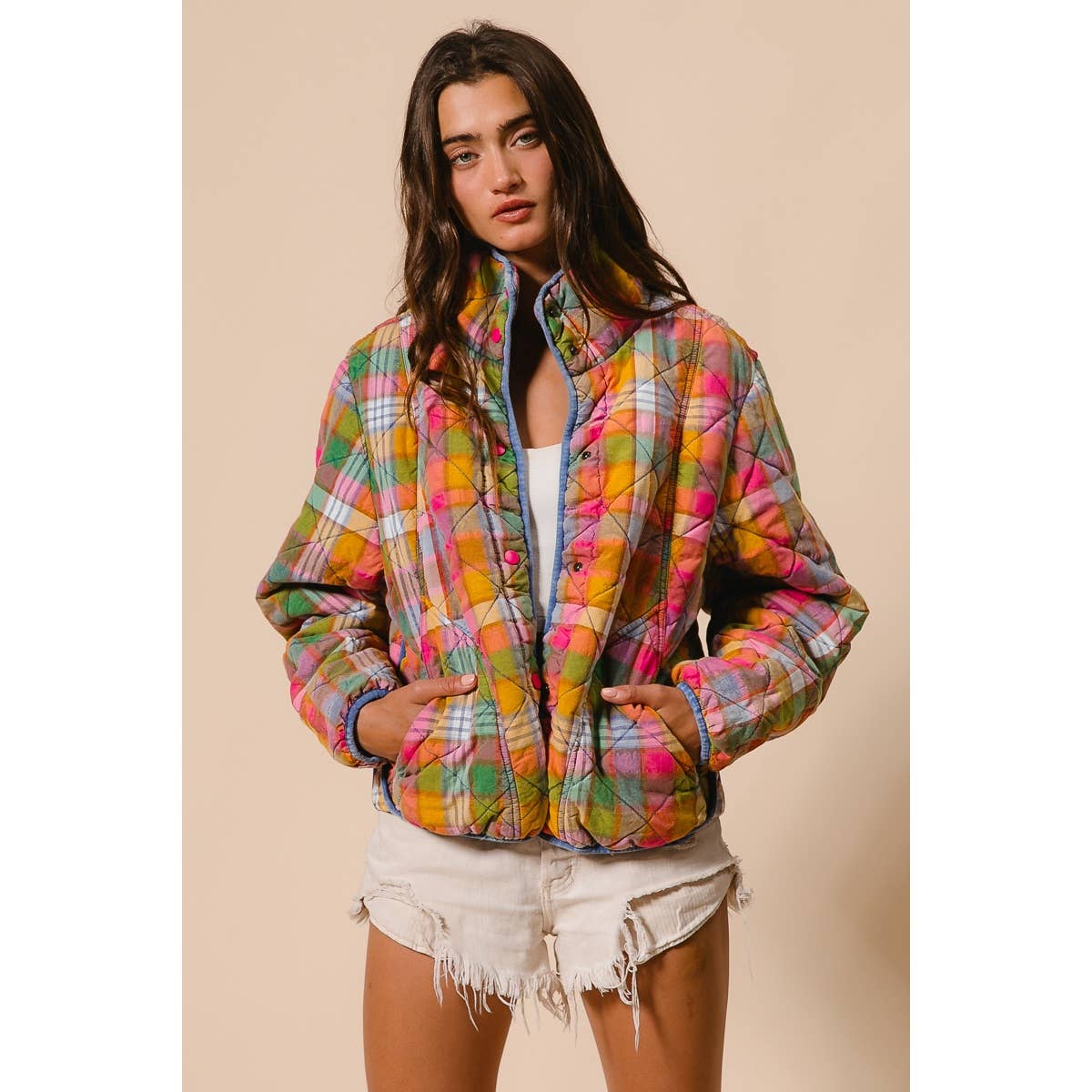 BiBi - BLEACHED VINTAGE PLAID QUILTED JACKET WITH POCKETS: STAINED GLASS / M