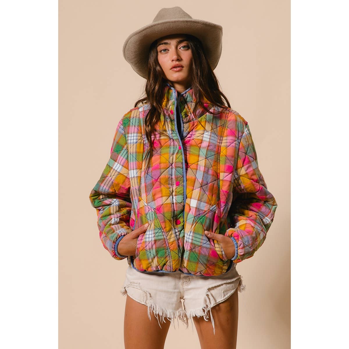 BiBi - BLEACHED VINTAGE PLAID QUILTED JACKET WITH POCKETS: STAINED GLASS / M