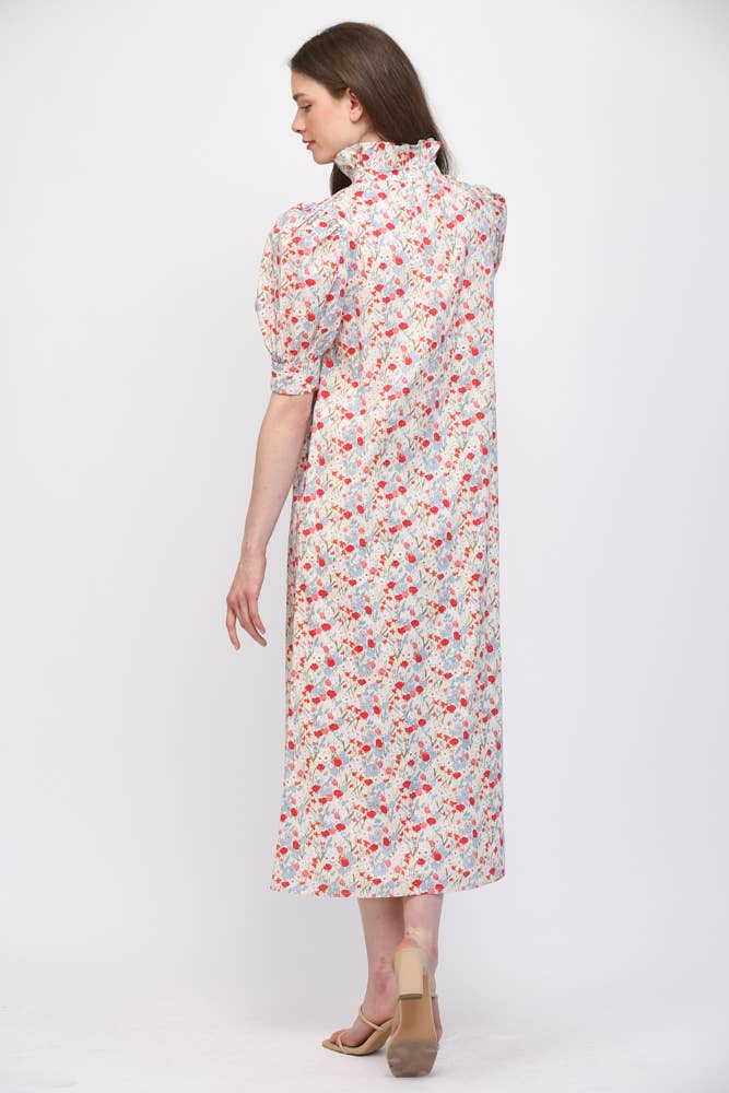 FATE - FLORAL HIGH RUFFLED COLLAR  PUFF SLV BUTTON DRESS FD30590: CREAM/ LAVENDER / M