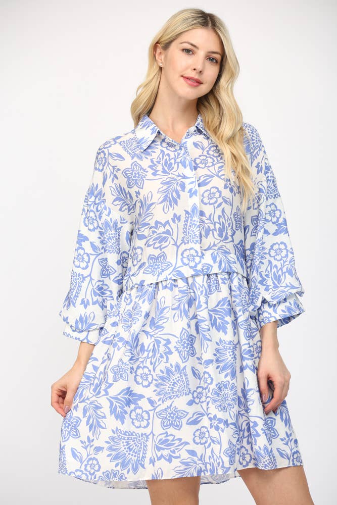 FATE - PUFF SLEEVE SHIRT MINI DRESS FD35578: WHITE/BLUE / S