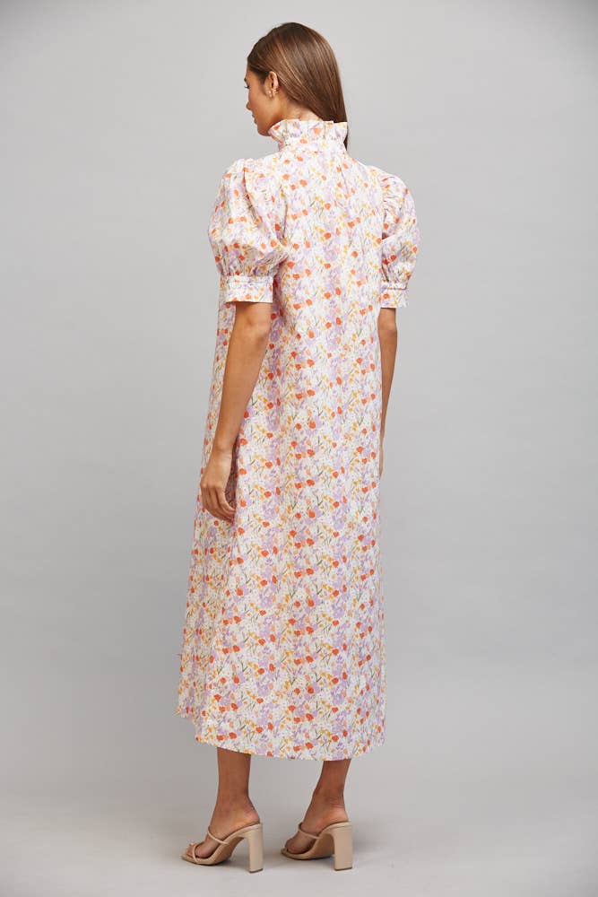 FATE - FLORAL HIGH RUFFLED COLLAR  PUFF SLV BUTTON DRESS FD30590: CREAM/ LAVENDER / M