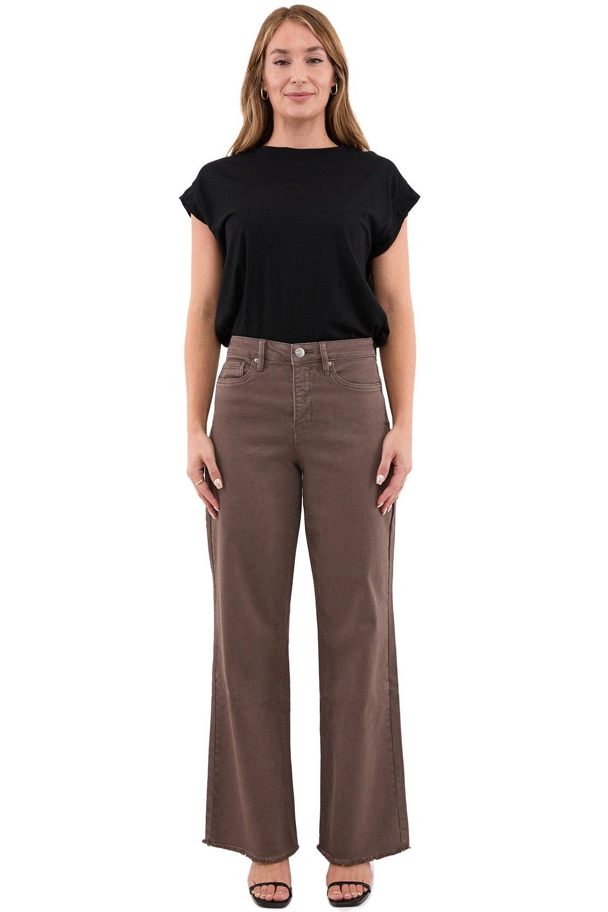 RFM - Chloe High Rise  Frayed Wide Leg Pants: Java / 11/30