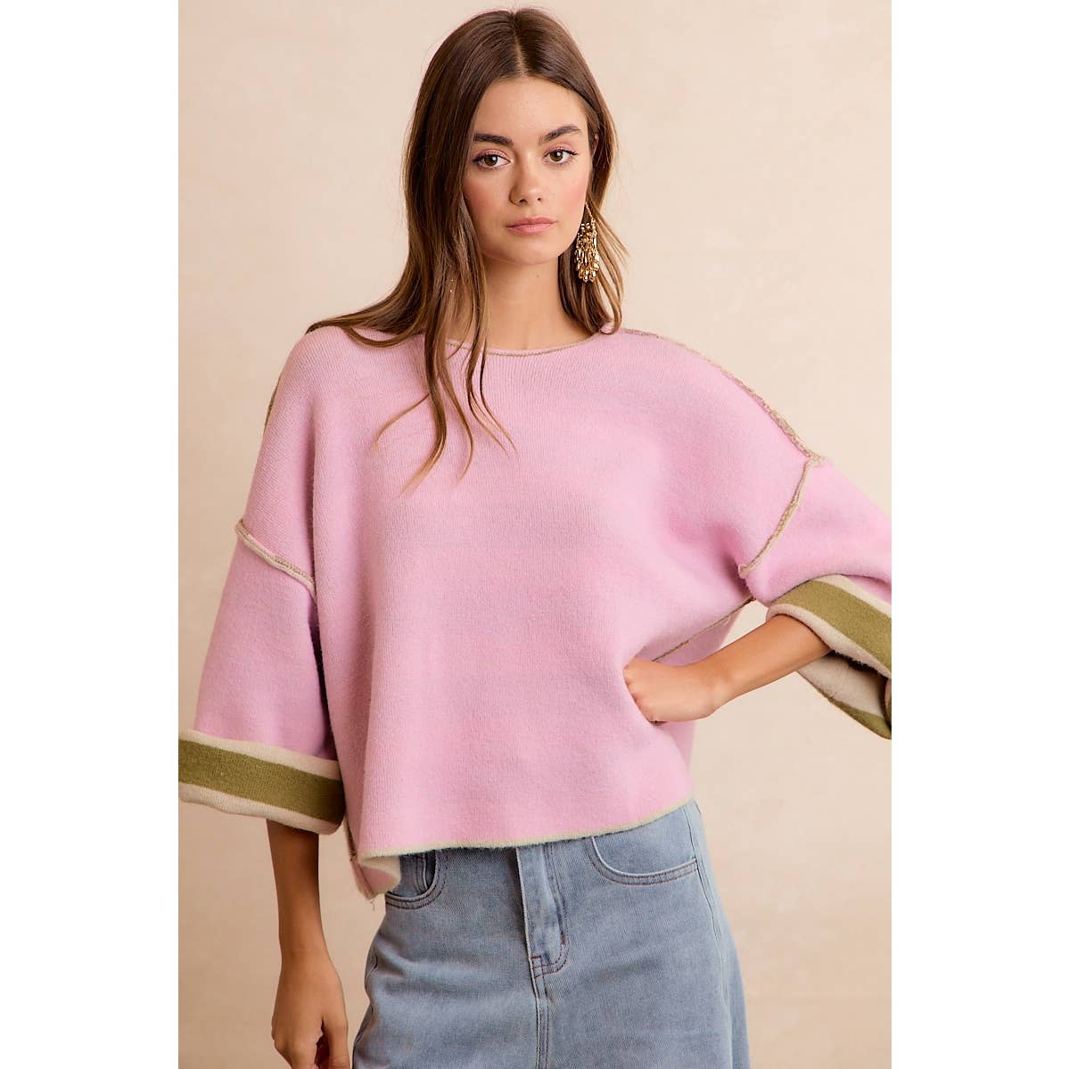 BiBi - STRIPE CONTRAST BINDING AND REVERSIBLE SWEATER: MOCHA/BLUE GREY / M