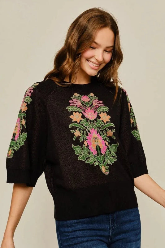 Boho Floral Pattern Knit Top