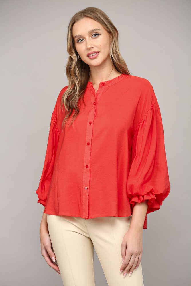 FATE - PUFF SLEEVE BUTTON DOWN SHIRT FT1585: FUCHSIA / M