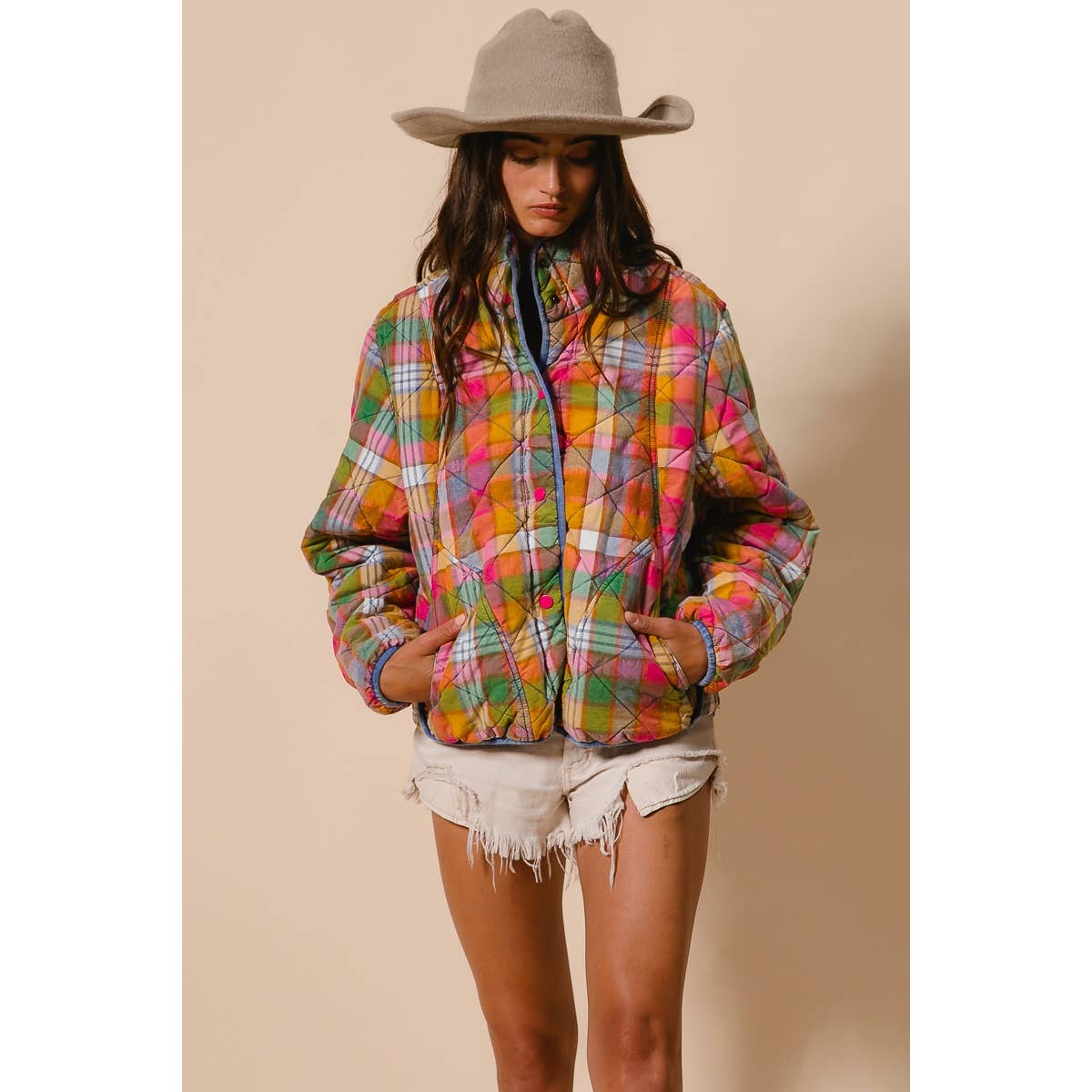 BiBi - BLEACHED VINTAGE PLAID QUILTED JACKET WITH POCKETS: STAINED GLASS / M