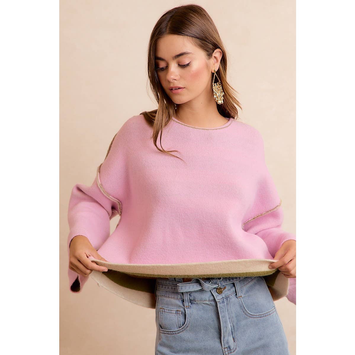 BiBi - STRIPE CONTRAST BINDING AND REVERSIBLE SWEATER: MOCHA/BLUE GREY / M